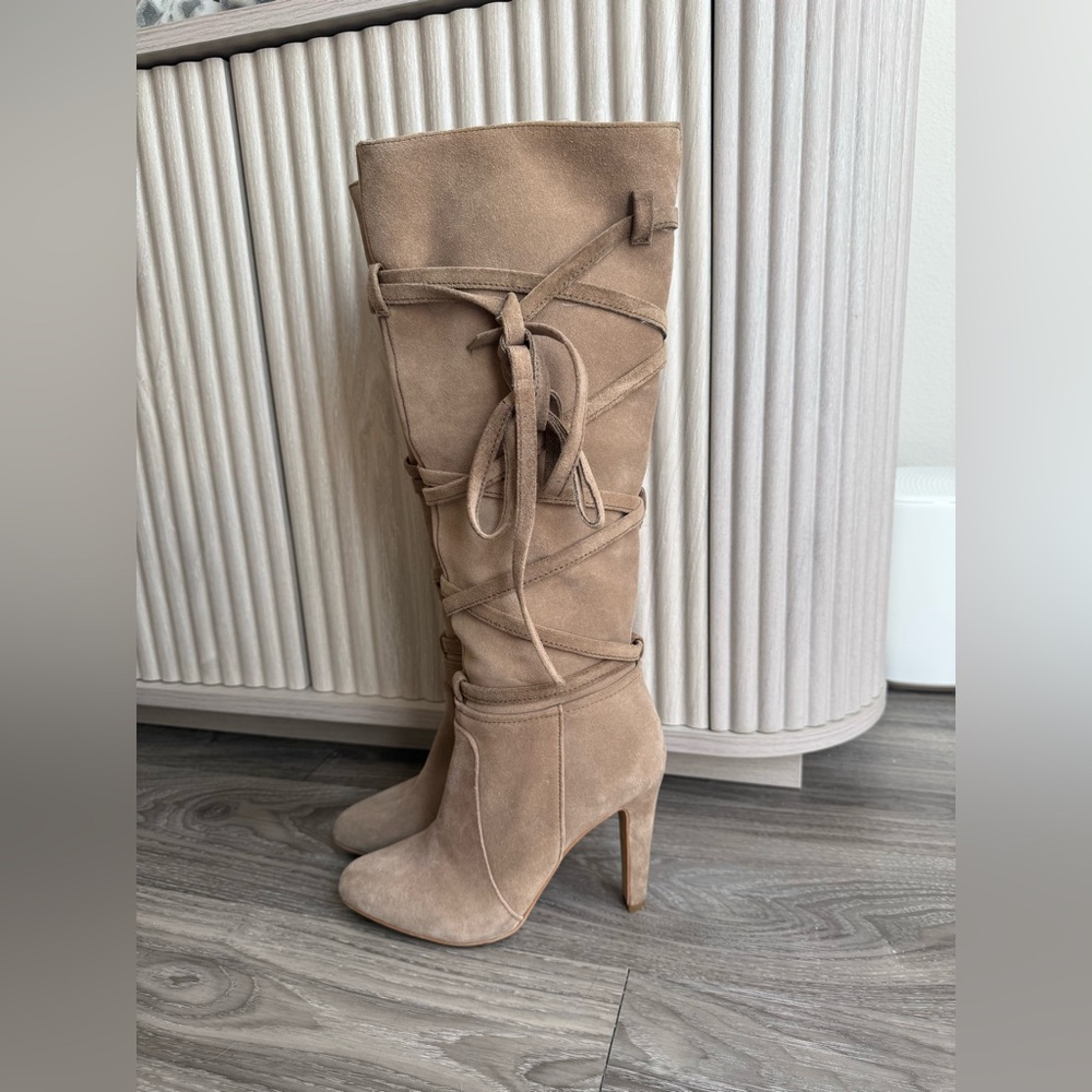 Vince Camuto Taupe Suede Over-the-Knee Lace-Up Boots